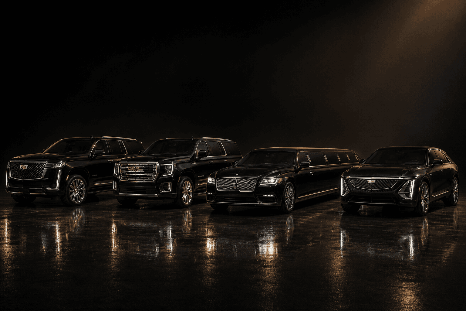City Best Limousine fleet — Cadillac Escalade ESV, GMC Yukon Denali XL, stretch limo, Cadillac Lyriq